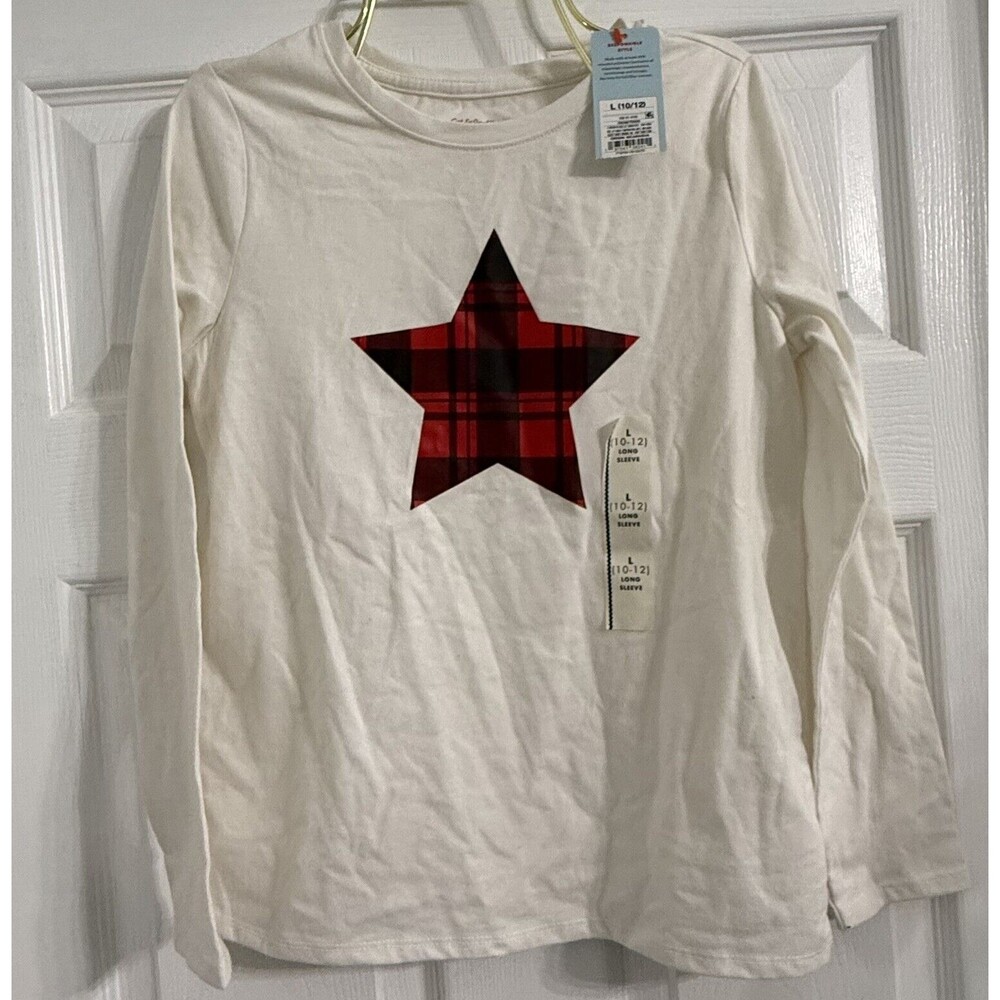 Cat & Jack Girls Plaid Star Graphic Long Sleeve T-shirt Cream Size L (10/12) NEW
